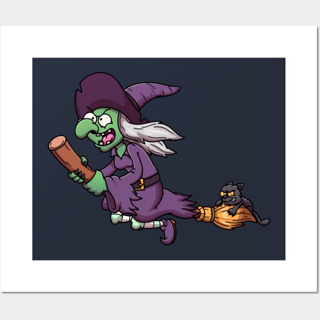 Cartoon Witch On Broom With Black Cat Wall Art by TheMaskedTooner